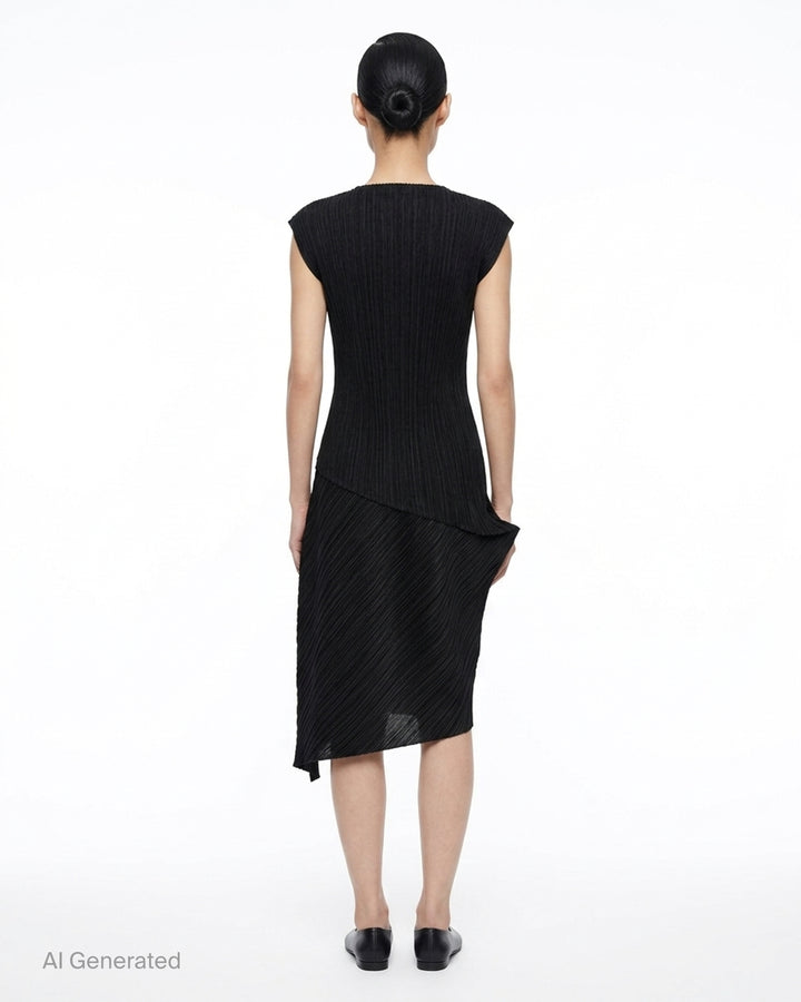 Black sleeveless pleated midi dress by Pleats Please Issey Miyake with vertical pleated bodice and asymmetric diagonal-pleated skirt - back