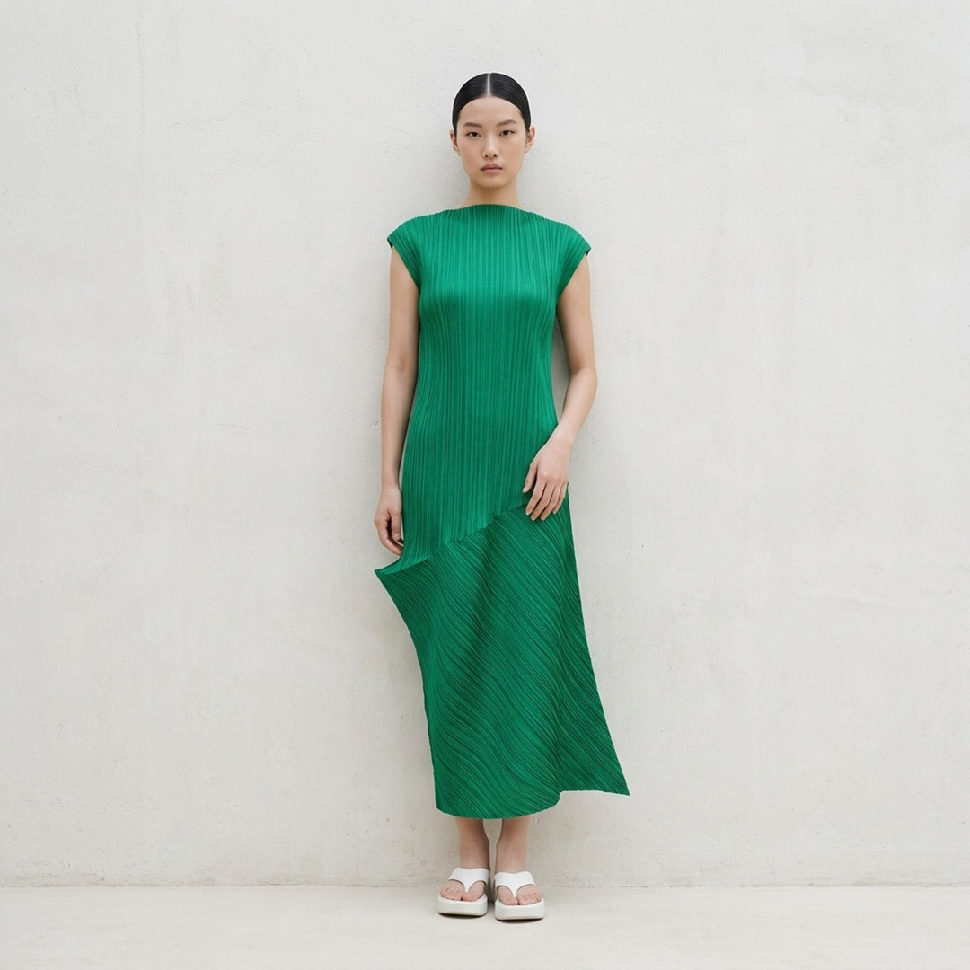 Black sleeveless pleated midi dress by Pleats Please Issey Miyake with vertical pleated bodice and asymmetric diagonal-pleated skirt - lifestyle