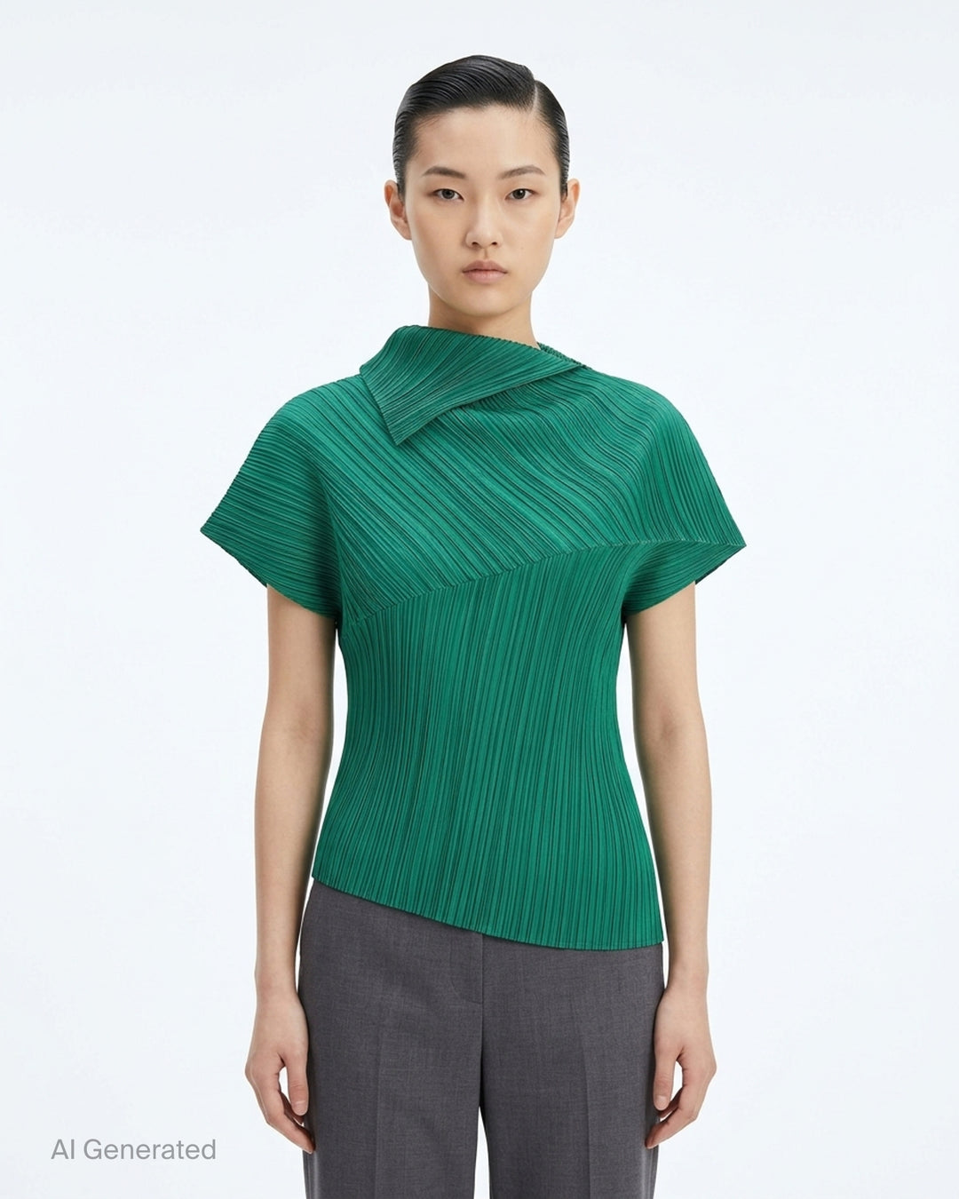 Emerald green LEAP pleated top by Pleats Please Issey Miyake with asymmetric folded collar and short sleeves - front
