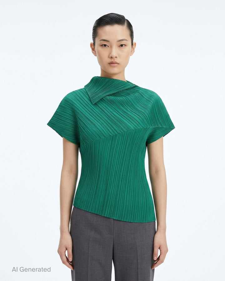 Emerald green LEAP pleated top by Pleats Please Issey Miyake with asymmetric folded collar and short sleeves - front