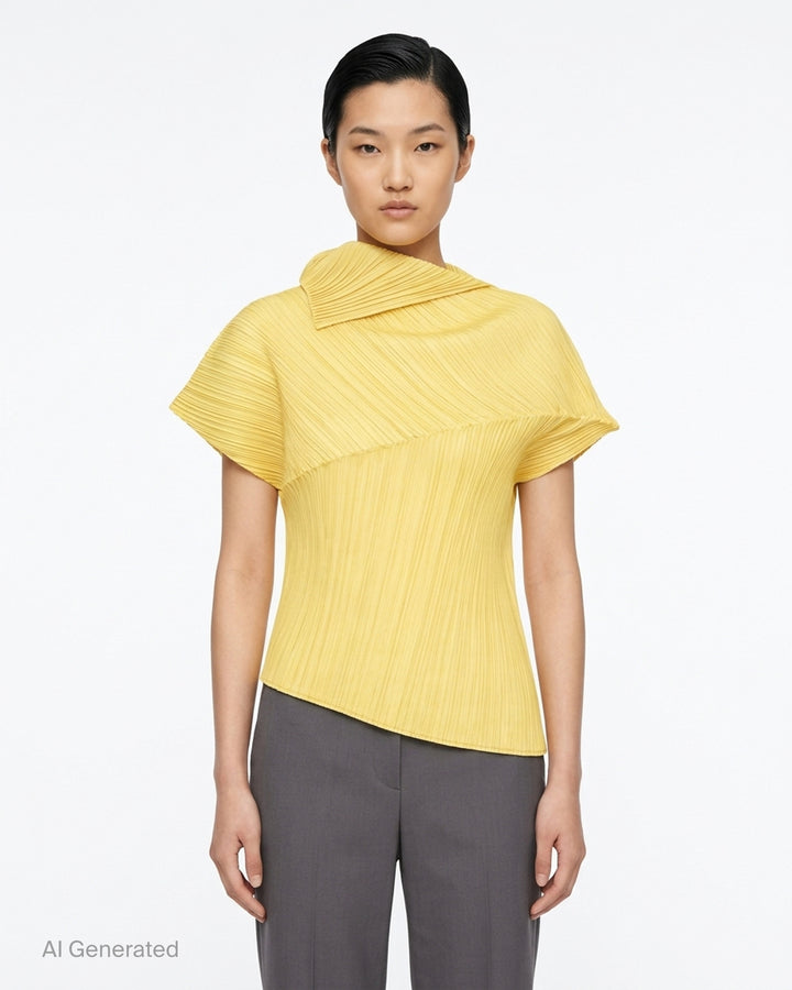 Emerald green LEAP pleated top by Pleats Please Issey Miyake with asymmetric folded collar and short sleeves - front