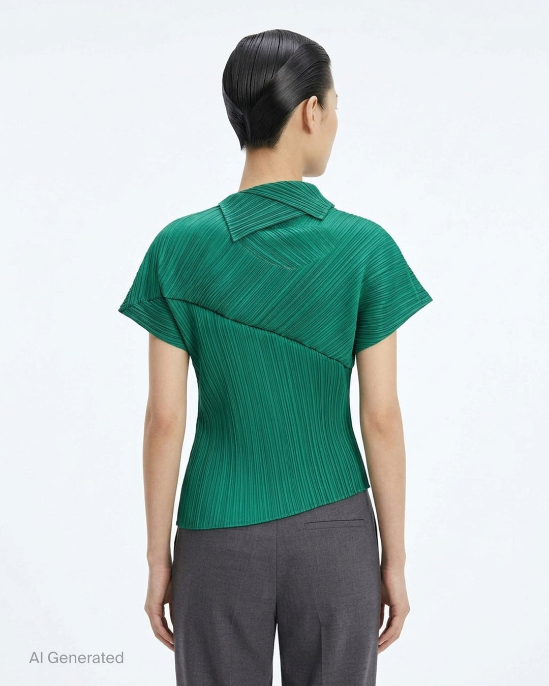 Emerald green LEAP pleated top by Pleats Please Issey Miyake with asymmetric folded collar and short sleeves - back