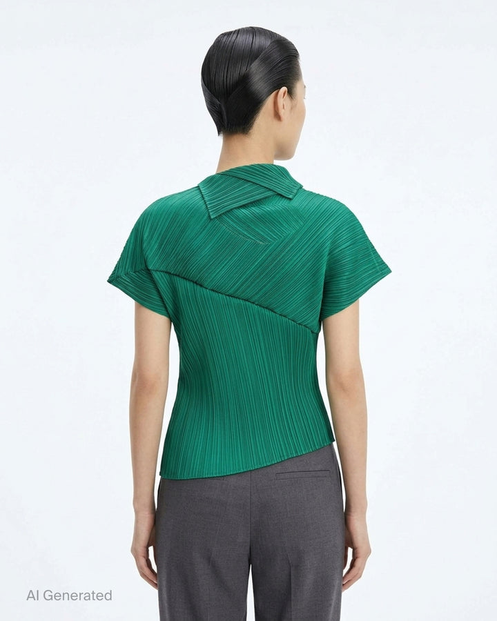 Emerald green LEAP pleated top by Pleats Please Issey Miyake with asymmetric folded collar and short sleeves - back