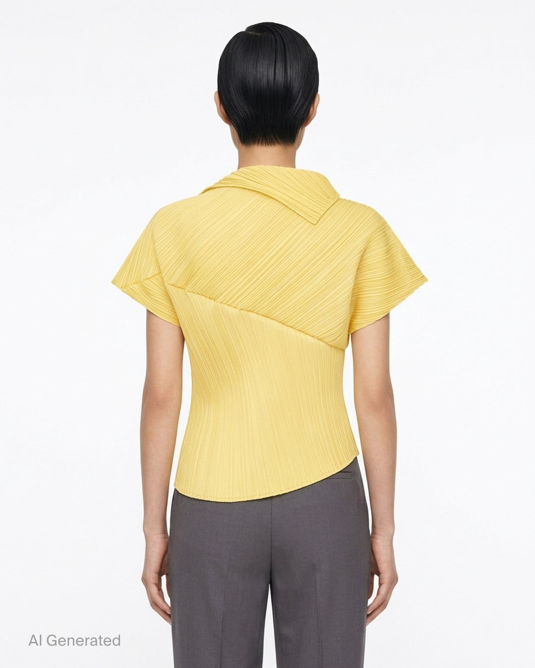 Emerald green LEAP pleated top by Pleats Please Issey Miyake with asymmetric folded collar and short sleeves - back