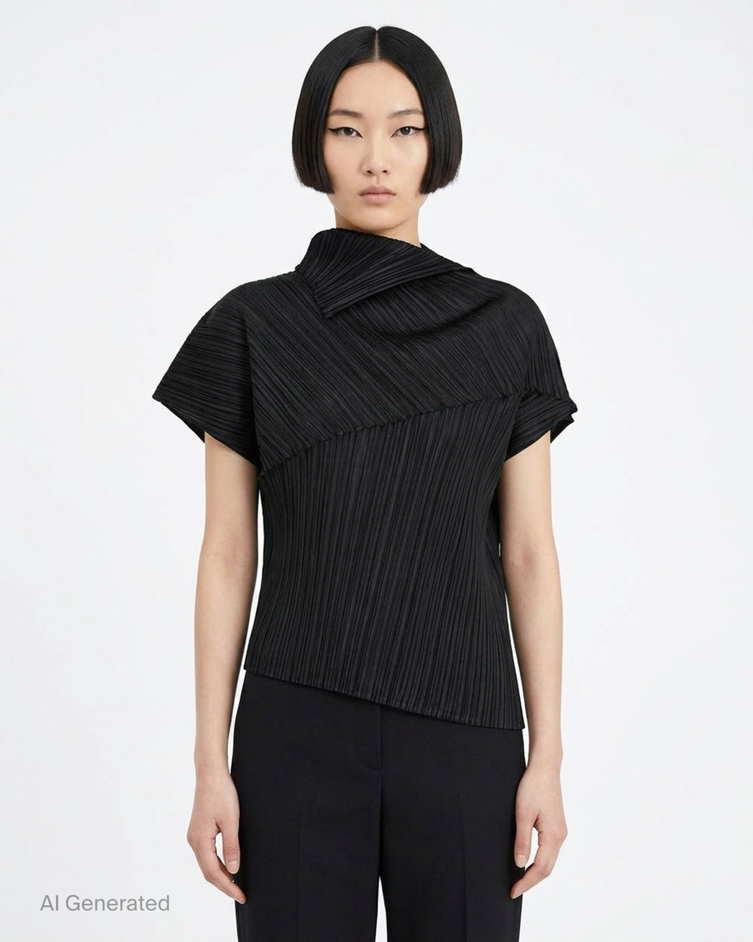 Emerald green LEAP pleated top by Pleats Please Issey Miyake with asymmetric folded collar and short sleeves - front