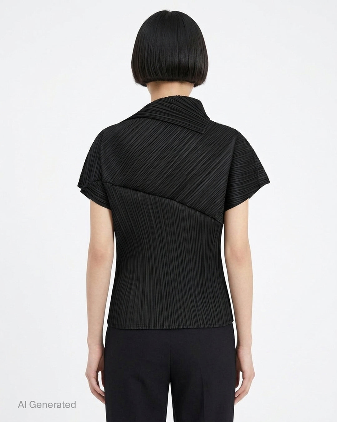 Emerald green LEAP pleated top by Pleats Please Issey Miyake with asymmetric folded collar and short sleeves - back