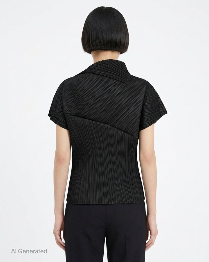 Emerald green LEAP pleated top by Pleats Please Issey Miyake with asymmetric folded collar and short sleeves - back