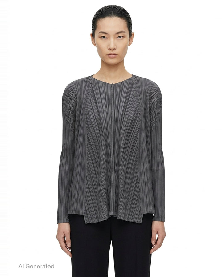 Pleats Please Issey Miyake Mellow Pleats Cardigan in black, rear view, showing radiating fine pleats and open-front long-sleeve silhouette - front