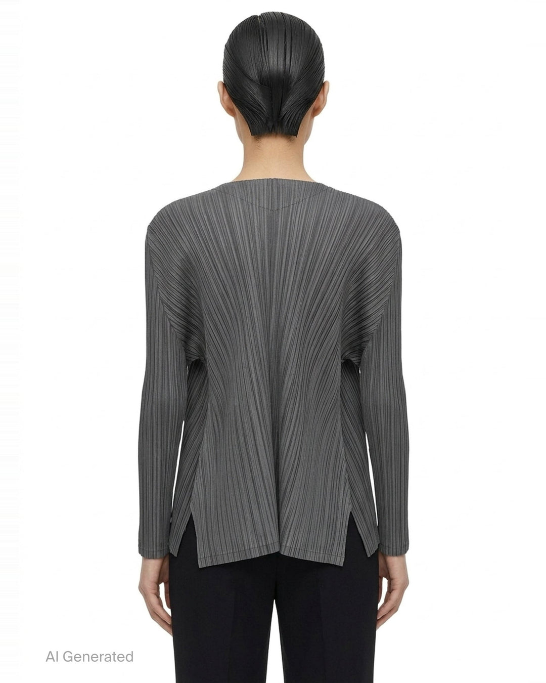 Pleats Please Issey Miyake Mellow Pleats Cardigan in black, rear view, showing radiating fine pleats and open-front long-sleeve silhouette - back