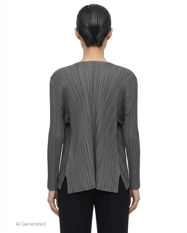 Pleats Please Issey Miyake Mellow Pleats Cardigan in black, rear view, showing radiating fine pleats and open-front long-sleeve silhouette - back