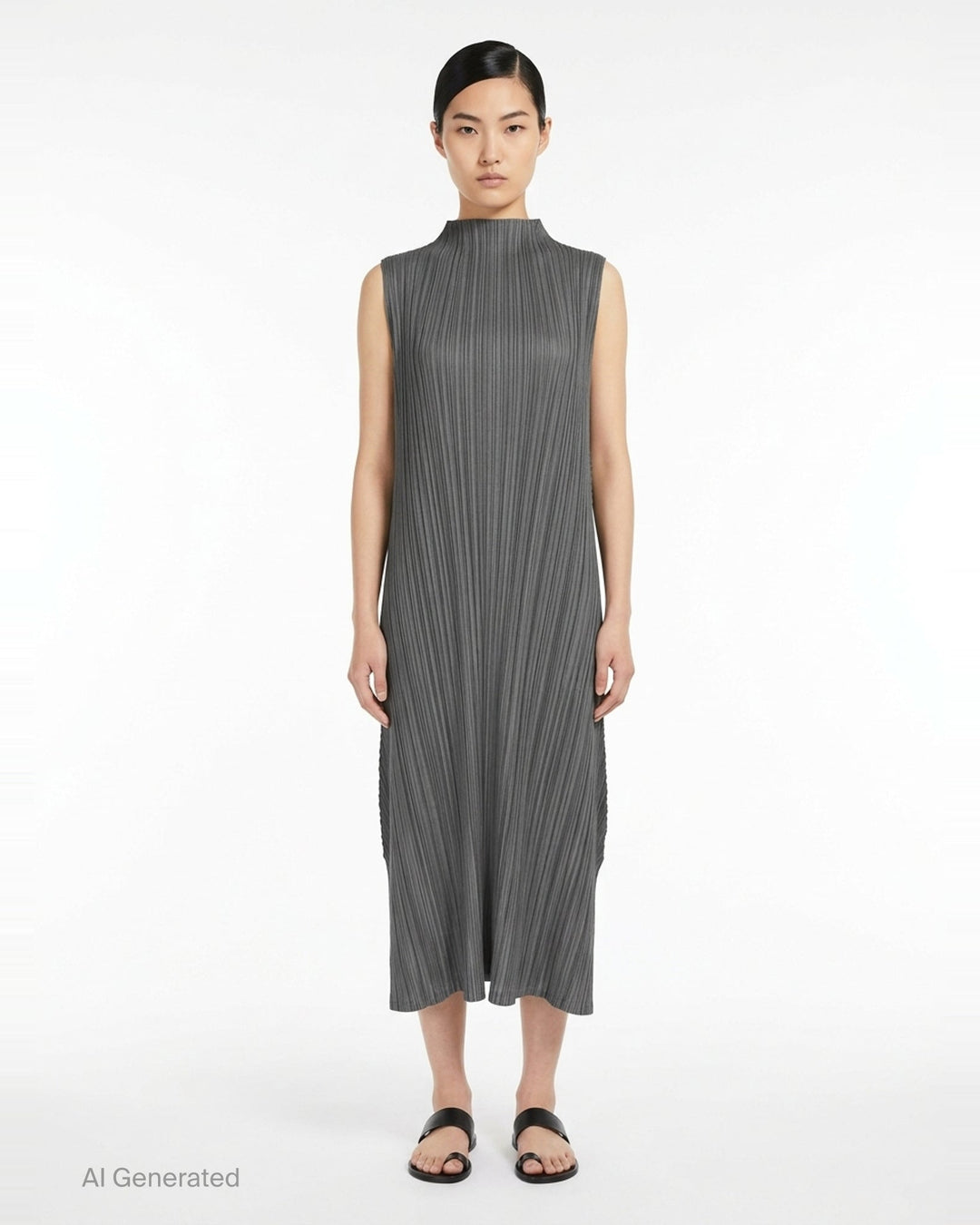 Pleats Please Issey Miyake Mellow Pleats sleeveless midi dress in steel blue with all-over permanent pleating and mock turtleneck collar, flat lay on white background - front