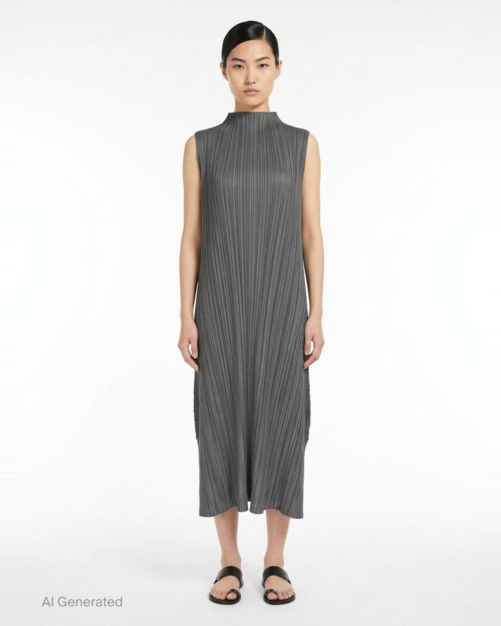 Pleats Please Issey Miyake Mellow Pleats sleeveless midi dress in steel blue with all-over permanent pleating and mock turtleneck collar, flat lay on white background - front