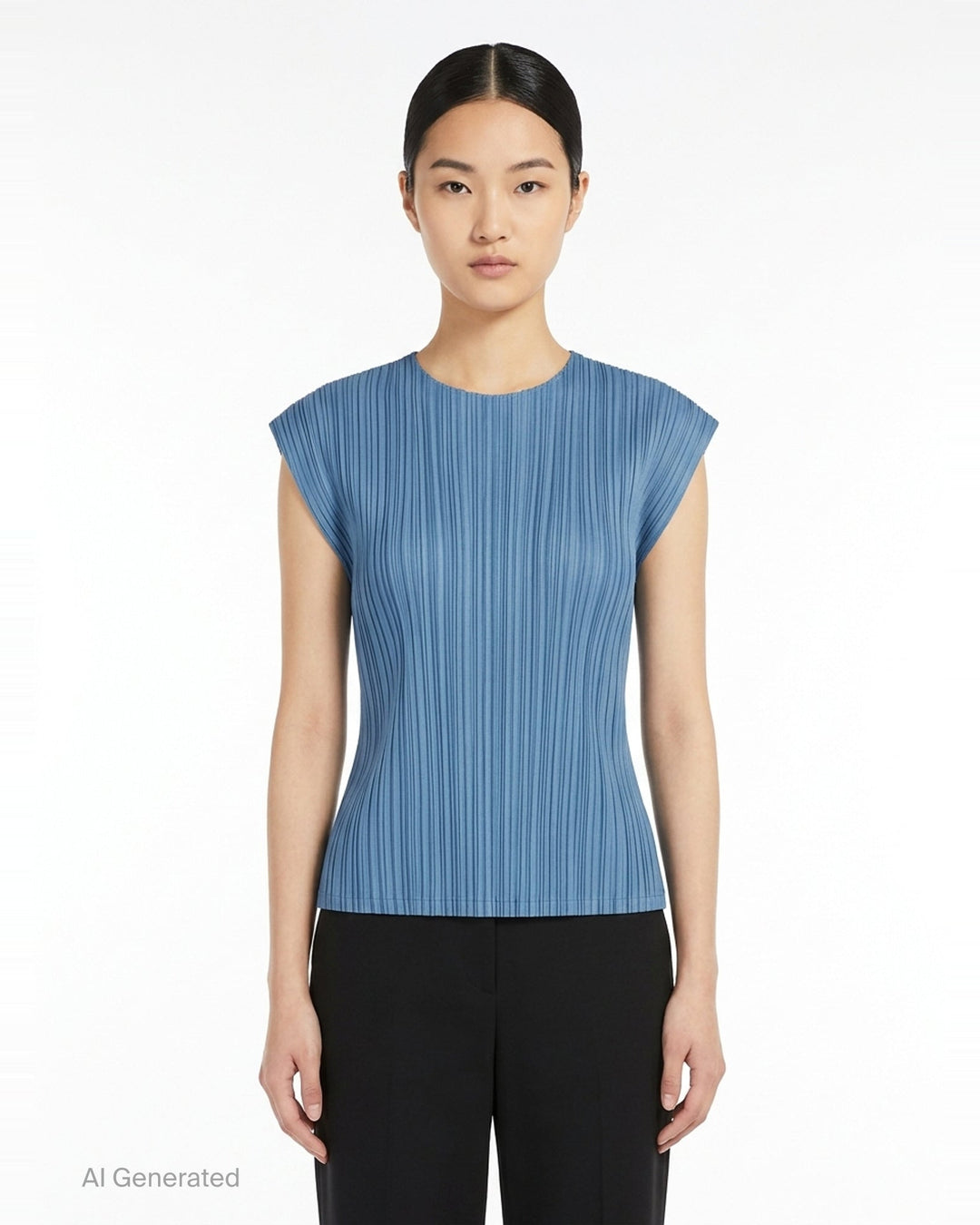 Pleats Please Issey Miyake Mellow Pleats cap-sleeve top in steel blue with all-over vertical plissé pleating and a round neckline - front