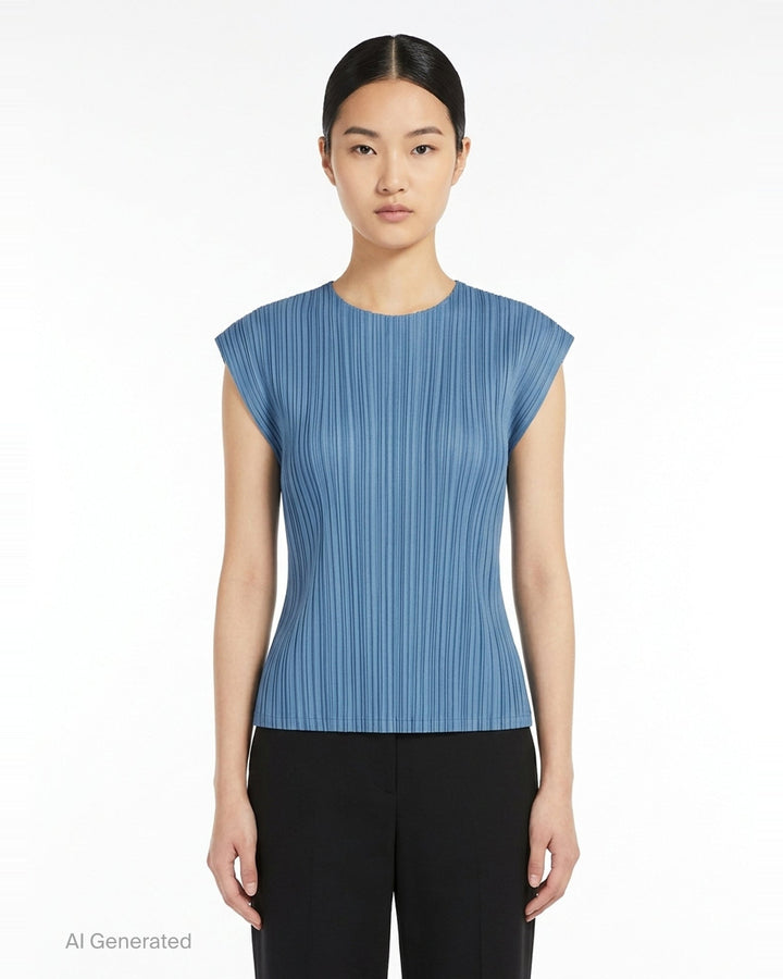Pleats Please Issey Miyake Mellow Pleats cap-sleeve top in steel blue with all-over vertical plissé pleating and a round neckline - front