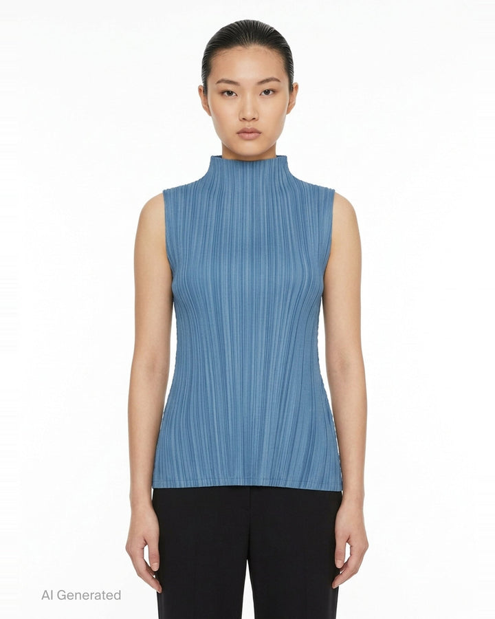 Pleats Please Issey Miyake Mellow Pleats sleeveless black mock-neck top with fine vertical pleating throughout, shown flat on a white background - front