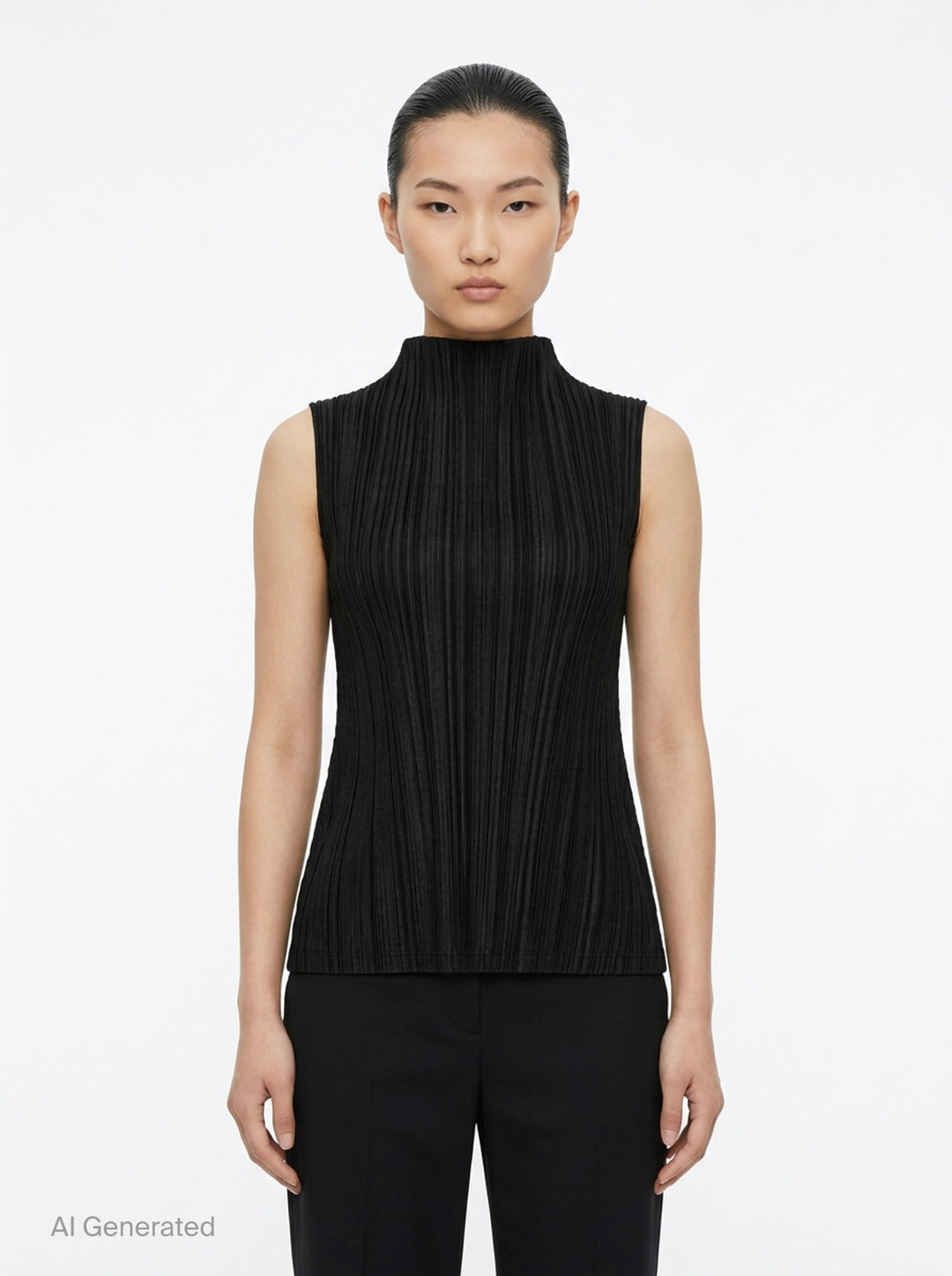 Pleats Please Issey Miyake Mellow Pleats sleeveless black mock-neck top with fine vertical pleating throughout, shown flat on a white background - front