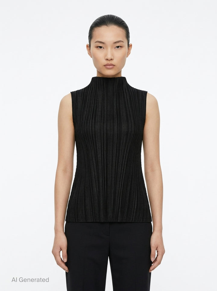 Pleats Please Issey Miyake Mellow Pleats sleeveless black mock-neck top with fine vertical pleating throughout, shown flat on a white background - front