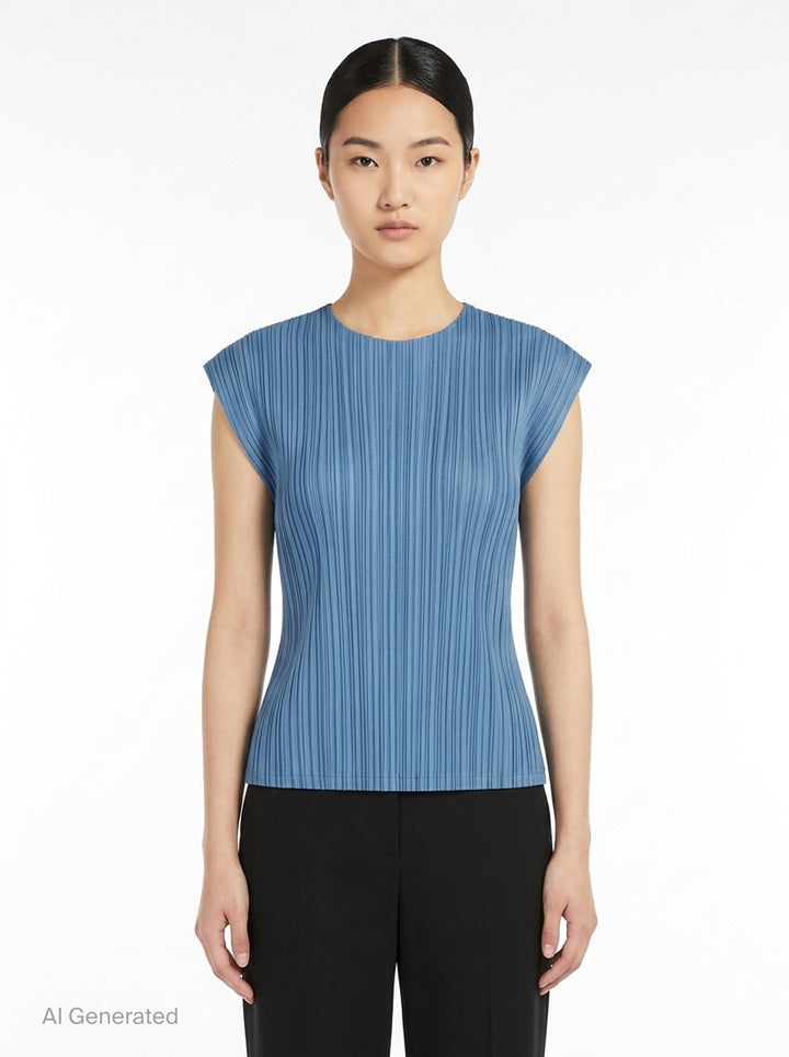 Pleats Please Issey Miyake Mellow Pleats cap-sleeve top in steel blue with all-over vertical plissé pleating and a round neckline - front