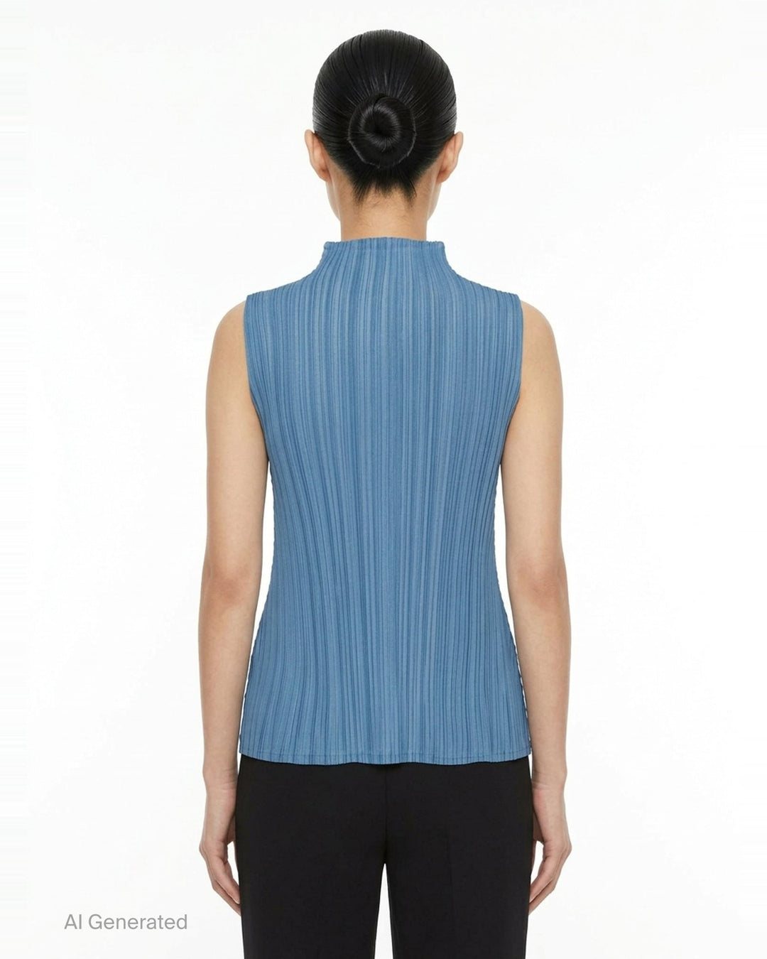 Pleats Please Issey Miyake Mellow Pleats sleeveless black mock-neck top with fine vertical pleating throughout, shown flat on a white background - back