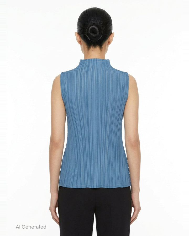 Pleats Please Issey Miyake Mellow Pleats sleeveless black mock-neck top with fine vertical pleating throughout, shown flat on a white background - back