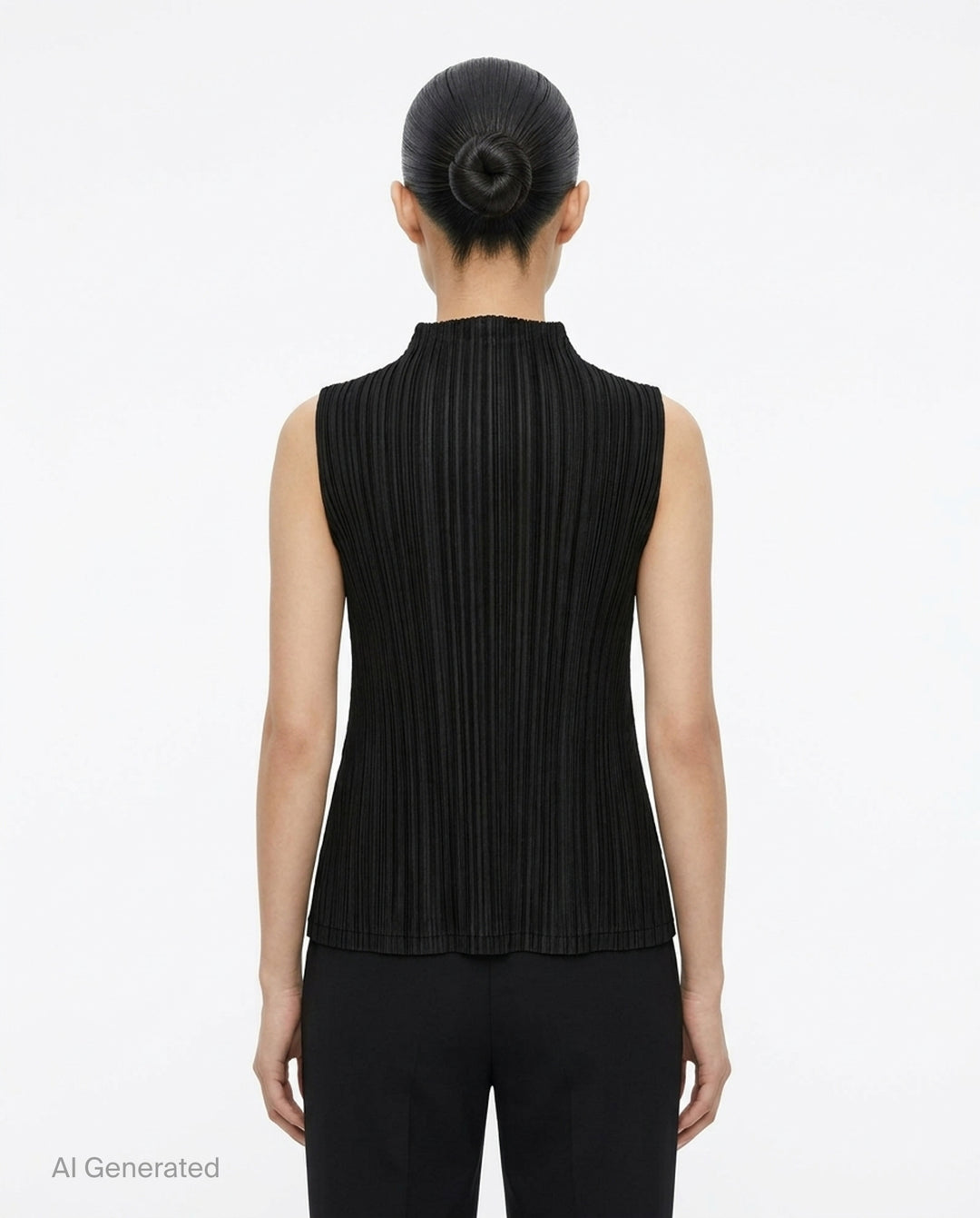 Pleats Please Issey Miyake Mellow Pleats sleeveless black mock-neck top with fine vertical pleating throughout, shown flat on a white background - back