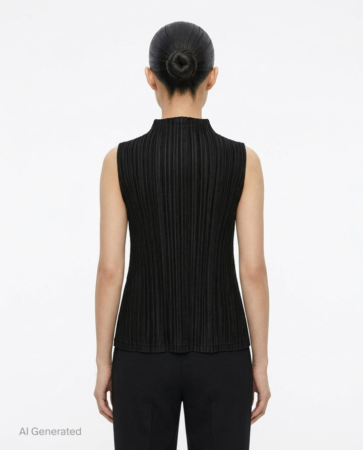 Pleats Please Issey Miyake Mellow Pleats sleeveless black mock-neck top with fine vertical pleating throughout, shown flat on a white background - back