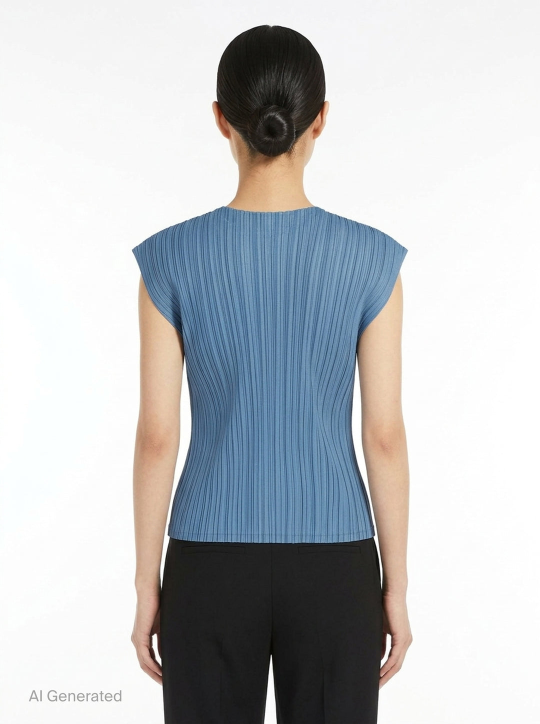 Pleats Please Issey Miyake Mellow Pleats cap-sleeve top in steel blue with all-over vertical plissé pleating and a round neckline - back