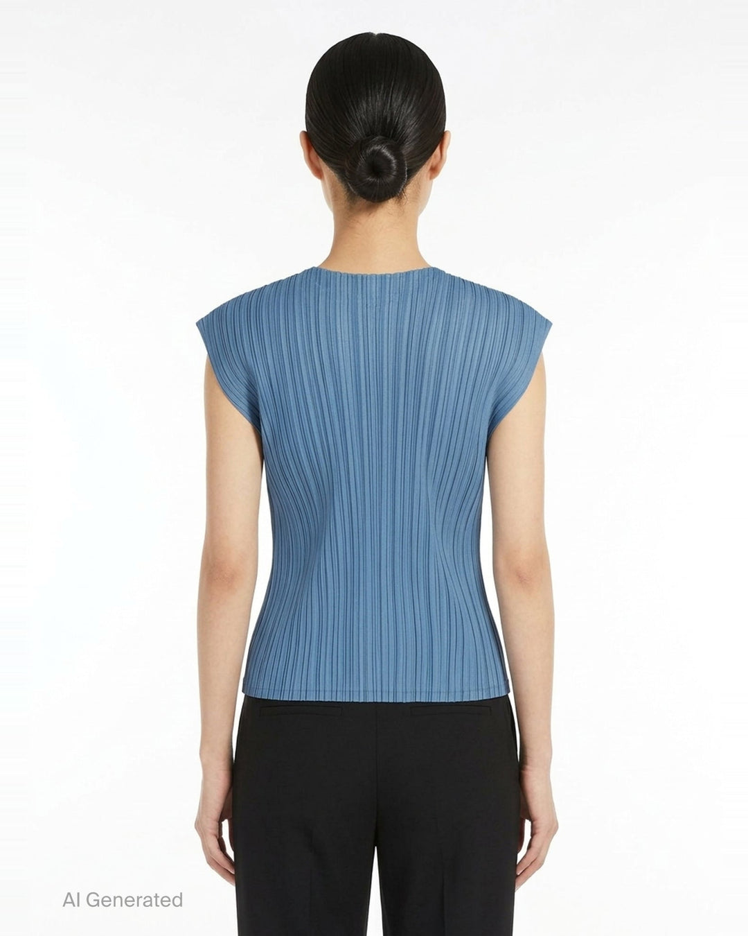 Pleats Please Issey Miyake Mellow Pleats cap-sleeve top in steel blue with all-over vertical plissé pleating and a round neckline - back