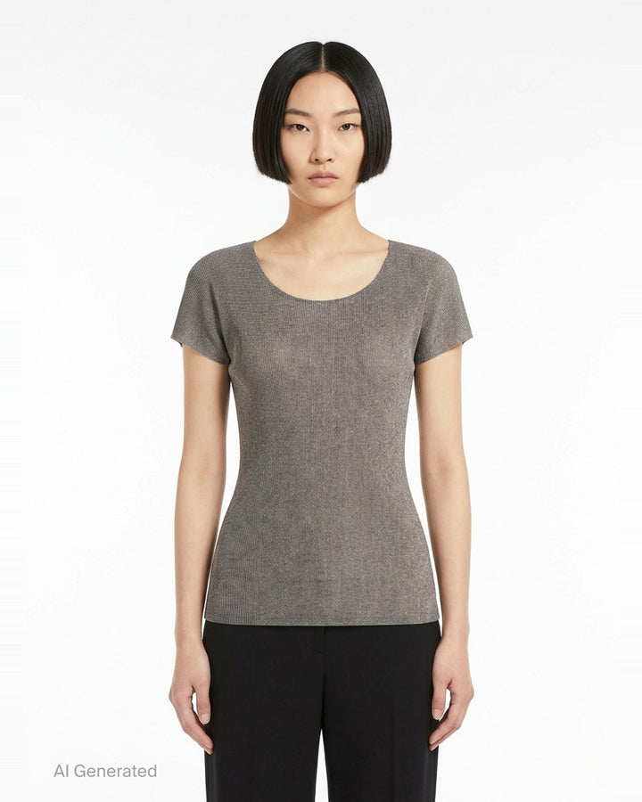Pleats Please Issey Miyake Mist Basics round neck cap sleeve top in heather grey ribbed knit with mist-effect tonal gradation and scoop neckline - front