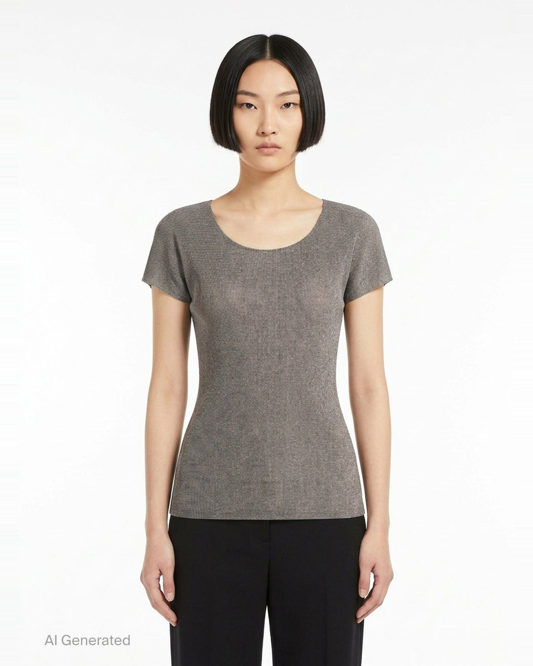 Pleats Please Issey Miyake Mist Basics round neck cap sleeve top in heather grey ribbed knit with mist-effect tonal gradation and scoop neckline - front