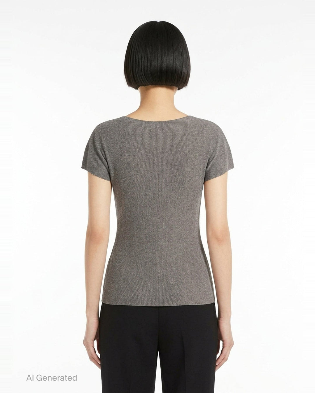 Pleats Please Issey Miyake Mist Basics round neck cap sleeve top in heather grey ribbed knit with mist-effect tonal gradation and scoop neckline - back