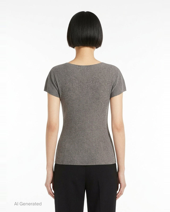 Pleats Please Issey Miyake Mist Basics round neck cap sleeve top in heather grey ribbed knit with mist-effect tonal gradation and scoop neckline - back