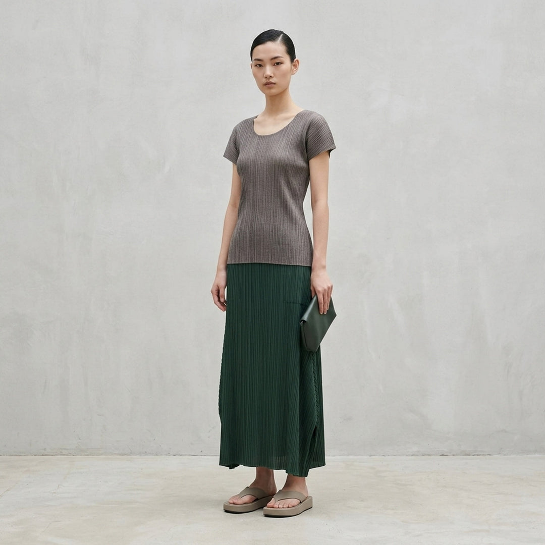 Pleats Please Issey Miyake Mist Basics round neck cap sleeve top in heather grey ribbed knit with mist-effect tonal gradation and scoop neckline - lifestyle