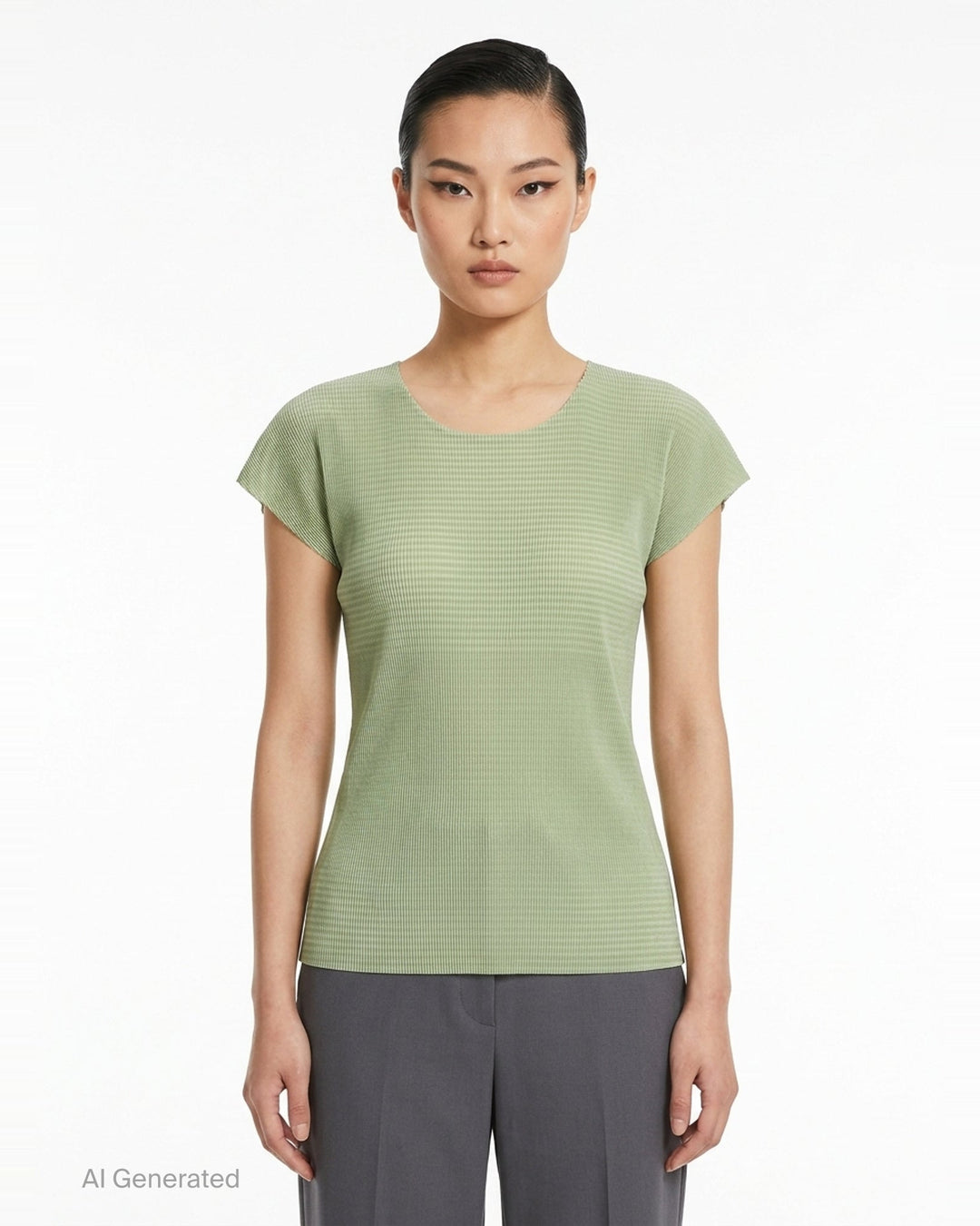 Pleats Please Issey Miyake Mist September fitted cap sleeve top in sage green with fine pleated ribbed texture and ruffled sleeve edges, photographed on a ghost mannequin against a white background - front