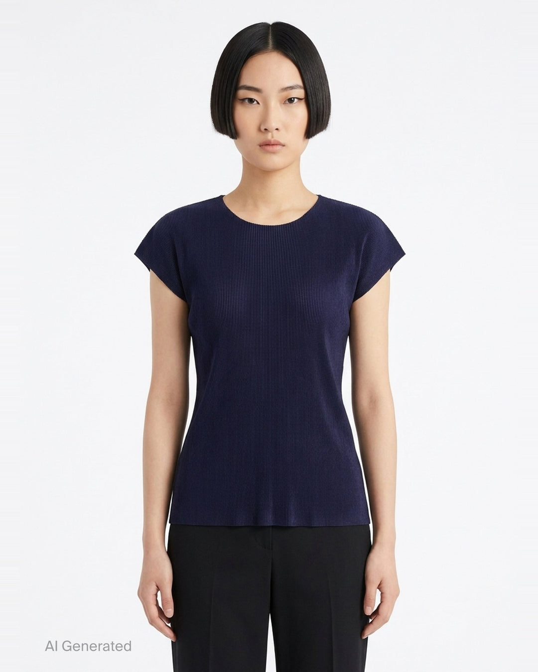 Pleats Please Issey Miyake Mist September fitted cap sleeve top in sage green with fine pleated ribbed texture and ruffled sleeve edges, photographed on a ghost mannequin against a white background - back