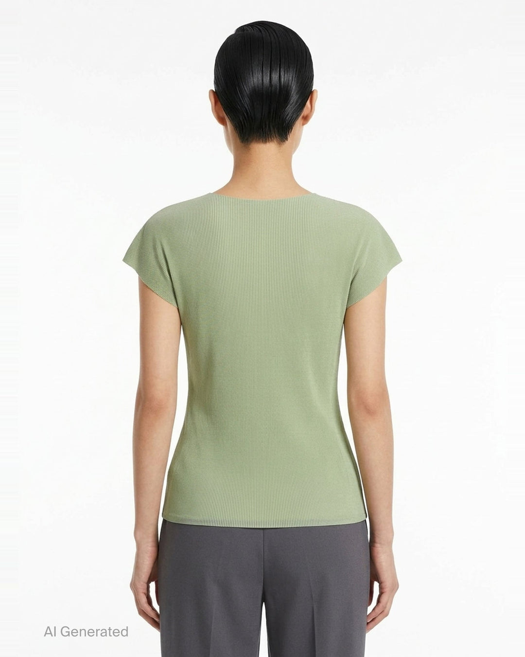 Pleats Please Issey Miyake Mist September fitted cap sleeve top in sage green with fine pleated ribbed texture and ruffled sleeve edges, photographed on a ghost mannequin against a white background - back
