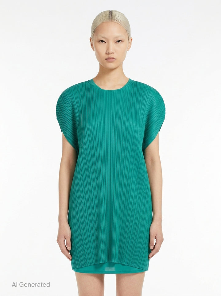 Pleats Please Issey Miyake Monthly Colors July Dress in vibrant teal, featuring signature micro-pleating throughout and a relaxed cocoon silhouette with cap sleeves - front