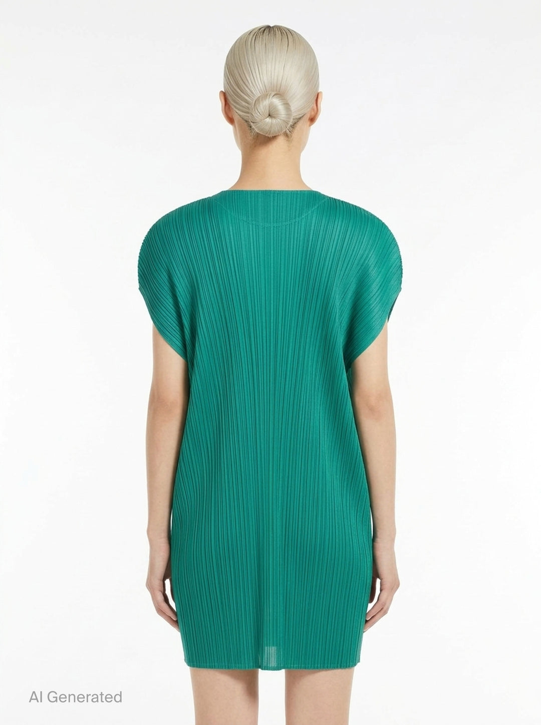 Pleats Please Issey Miyake Monthly Colors July Dress in vibrant teal, featuring signature micro-pleating throughout and a relaxed cocoon silhouette with cap sleeves - back