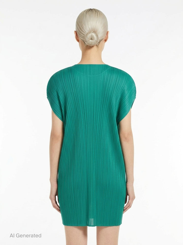 Pleats Please Issey Miyake Monthly Colors July Dress in vibrant teal, featuring signature micro-pleating throughout and a relaxed cocoon silhouette with cap sleeves - back