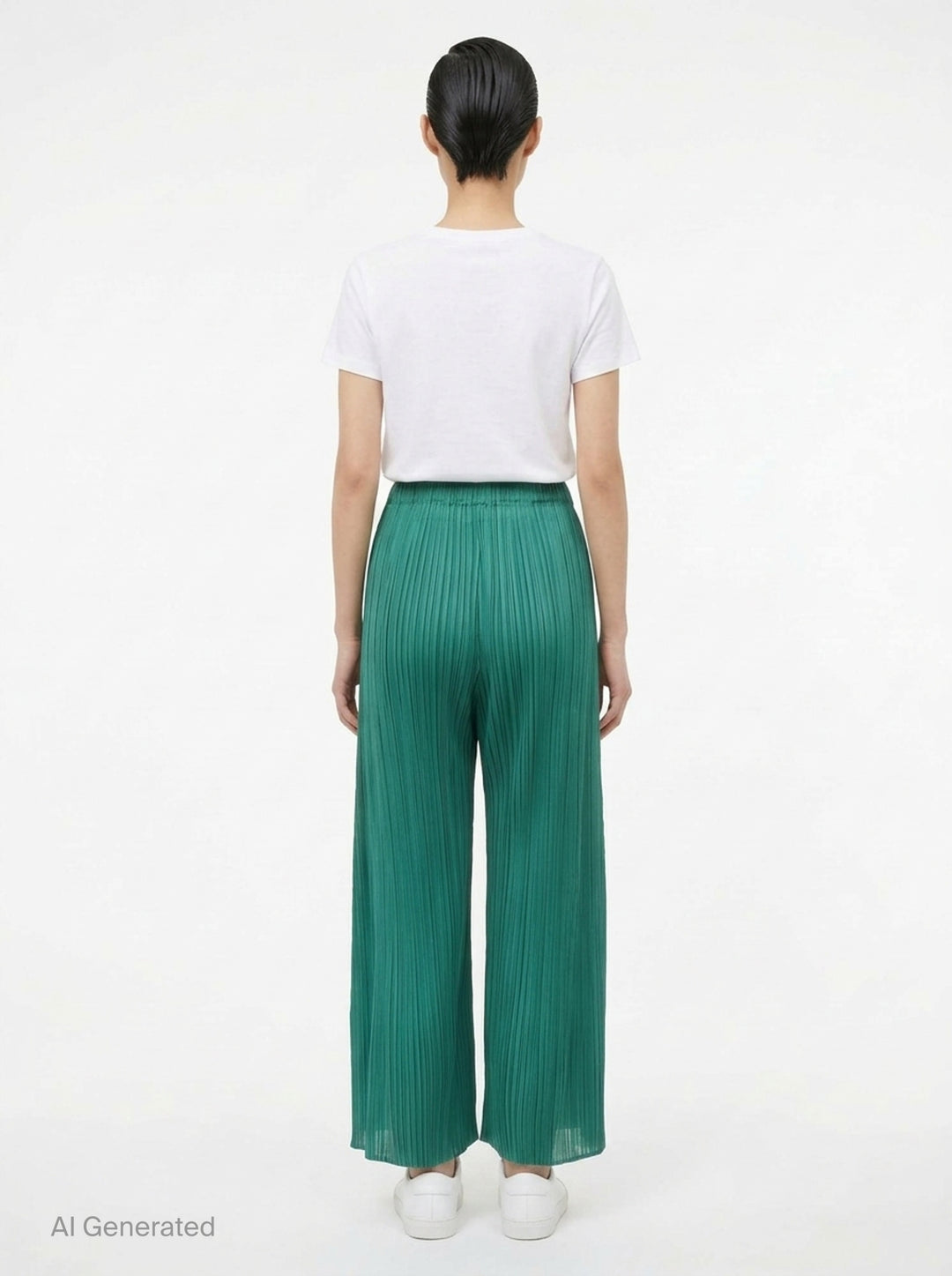Pleats Please Issey Miyake Monthly Colors July wide-leg pleated pants in teal green with elasticated waistband and micro-pleat detailing throughout - back