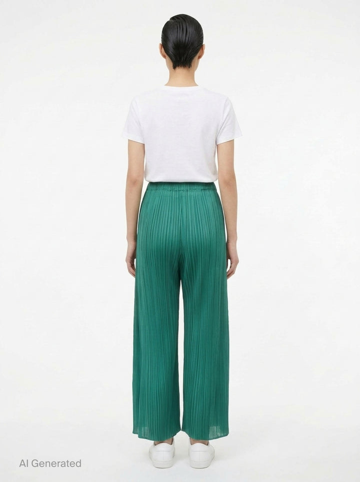 Pleats Please Issey Miyake Monthly Colors July wide-leg pleated pants in teal green with elasticated waistband and micro-pleat detailing throughout - back