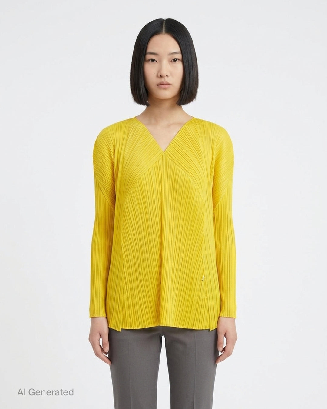Back view of a sand-toned pleated long-sleeve cardigan from Pleats Please Issey Miyake with pleats fanning across the back - front