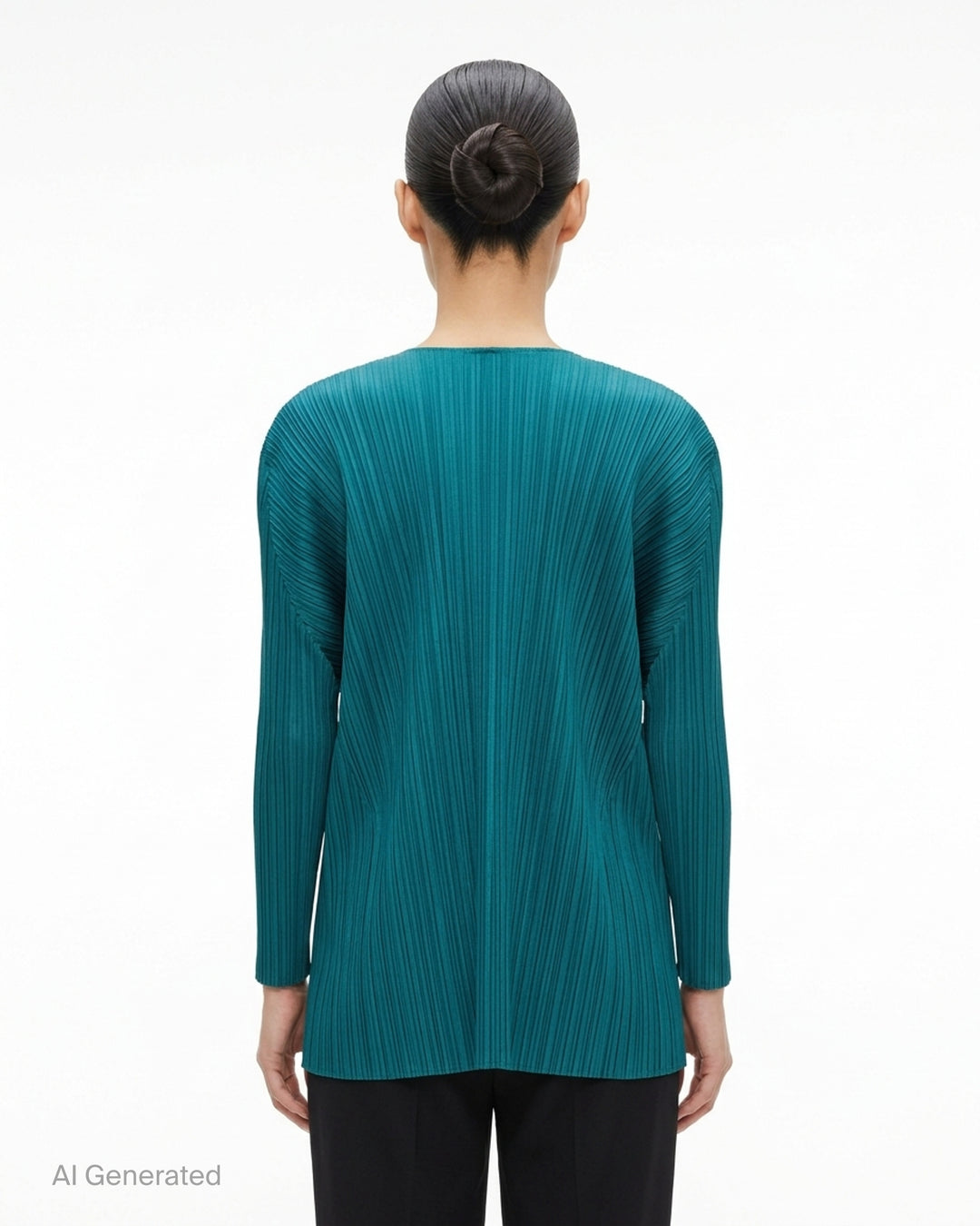 Back view of a sand-toned pleated long-sleeve cardigan from Pleats Please Issey Miyake with pleats fanning across the back - back