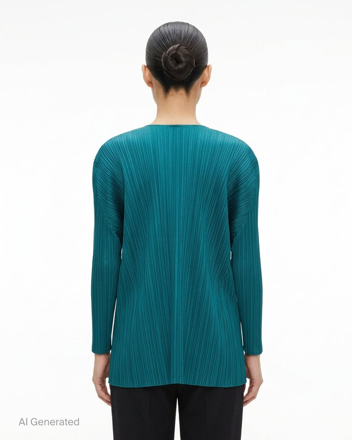 Back view of a sand-toned pleated long-sleeve cardigan from Pleats Please Issey Miyake with pleats fanning across the back - back