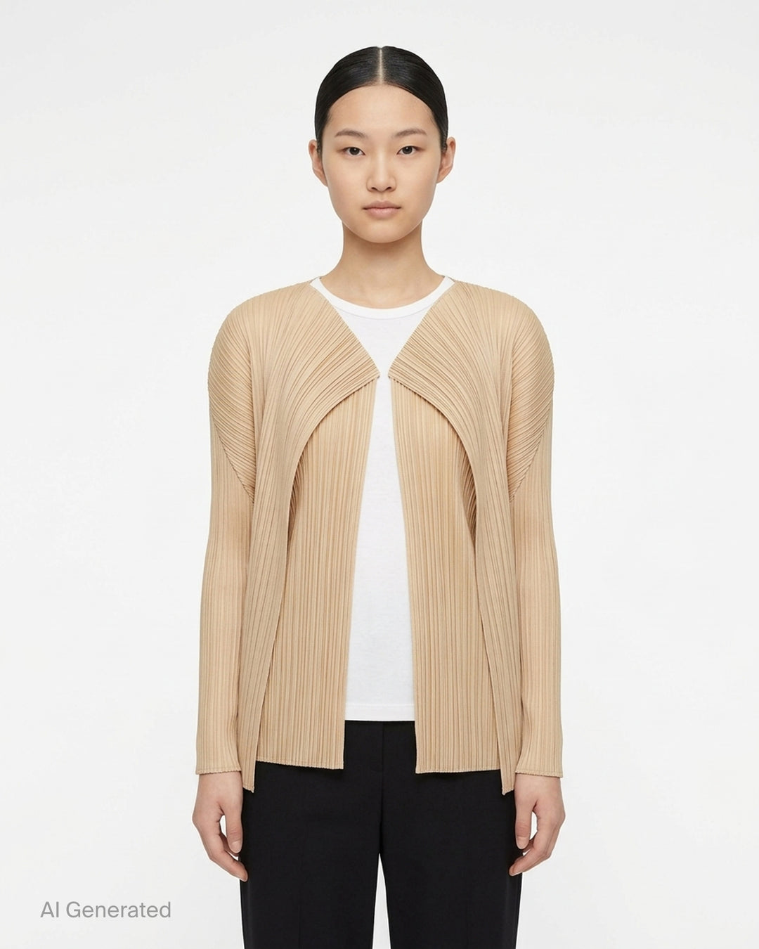 Back view of a sand-toned pleated long-sleeve cardigan from Pleats Please Issey Miyake with pleats fanning across the back - front
