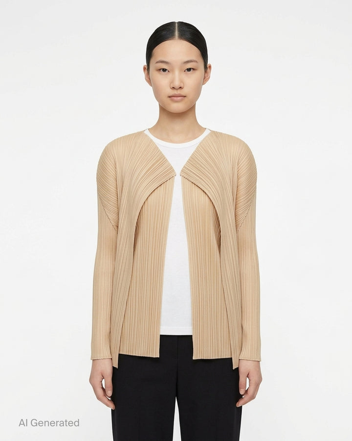 Back view of a sand-toned pleated long-sleeve cardigan from Pleats Please Issey Miyake with pleats fanning across the back - front