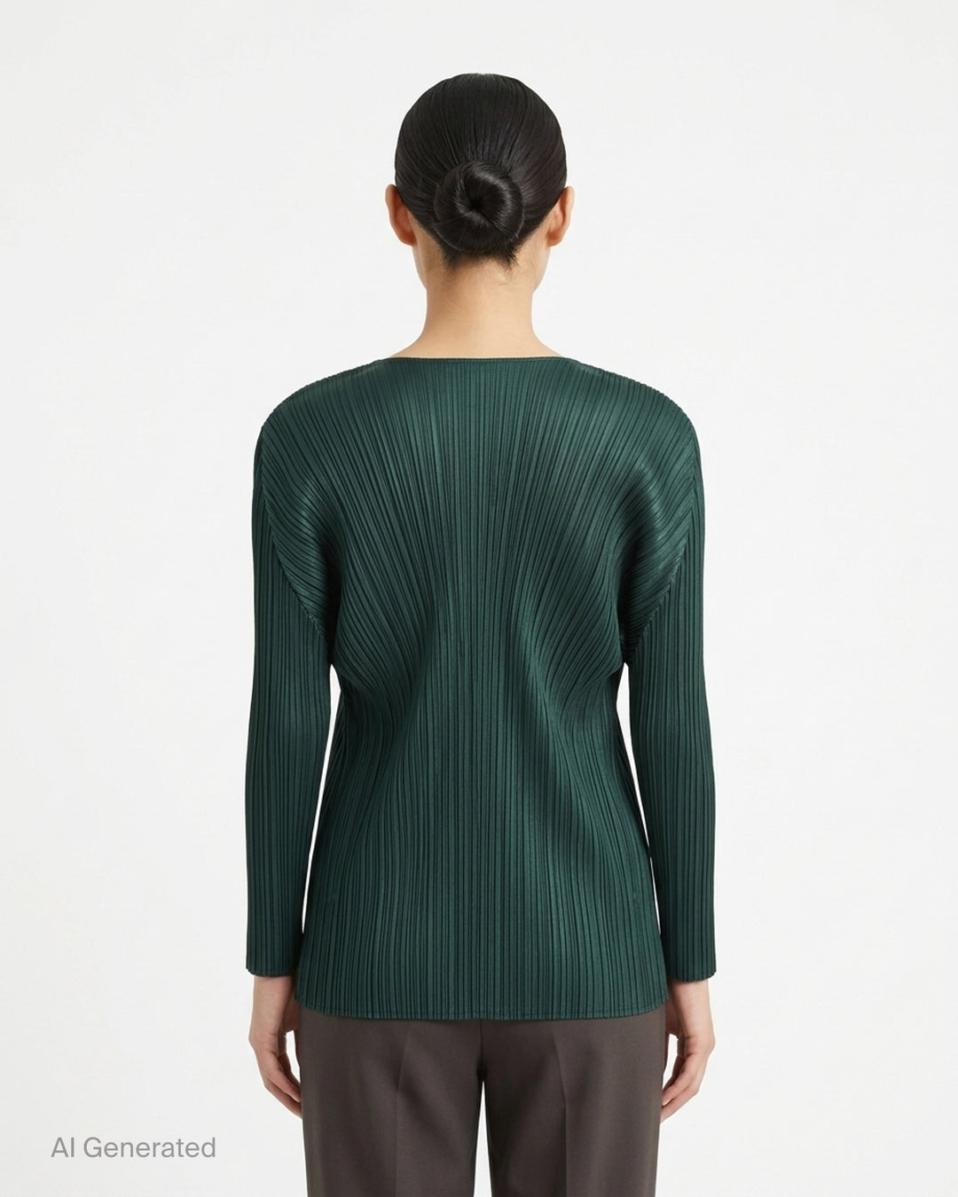 Back view of a sand-toned pleated long-sleeve cardigan from Pleats Please Issey Miyake with pleats fanning across the back - back