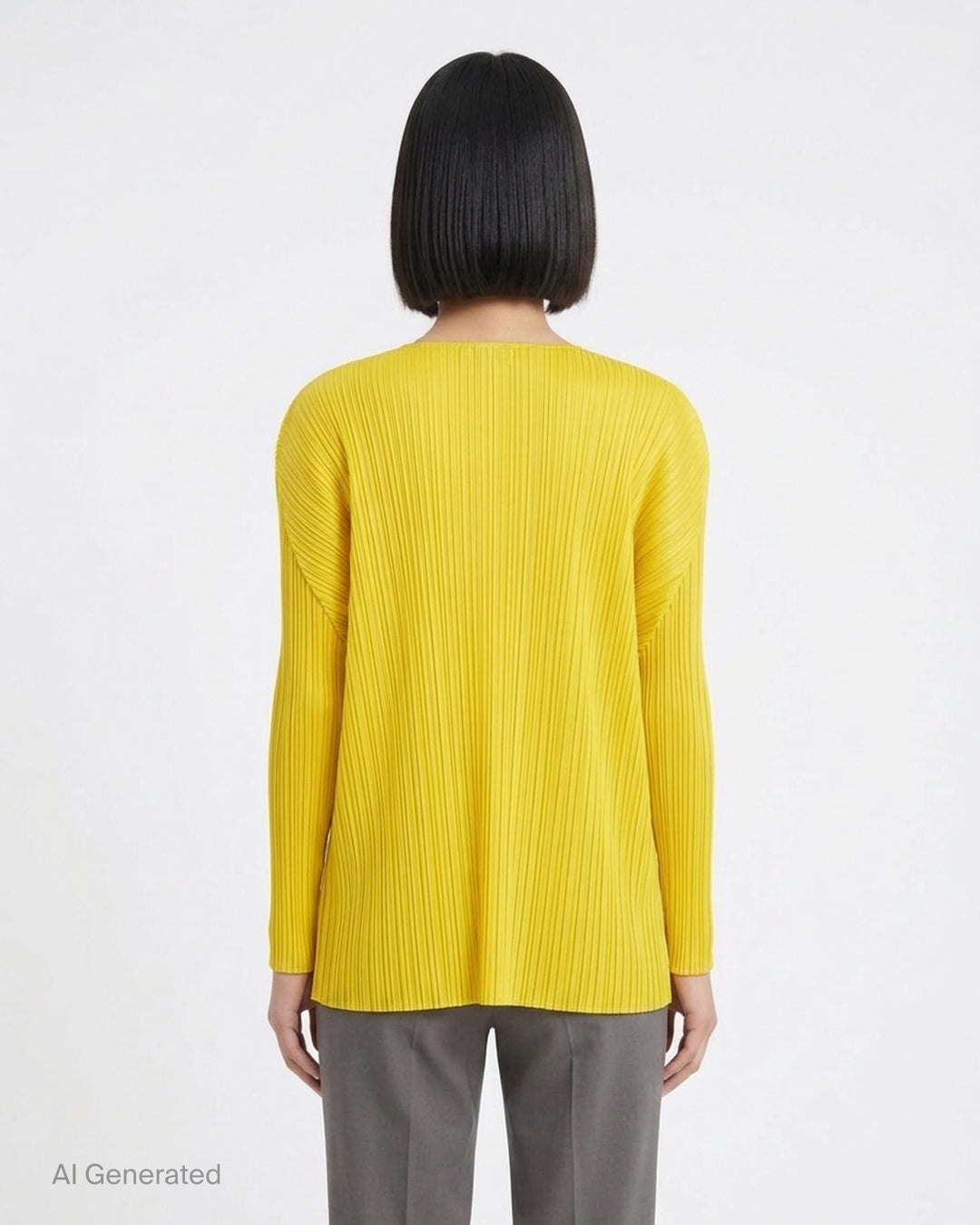 Back view of a sand-toned pleated long-sleeve cardigan from Pleats Please Issey Miyake with pleats fanning across the back - back