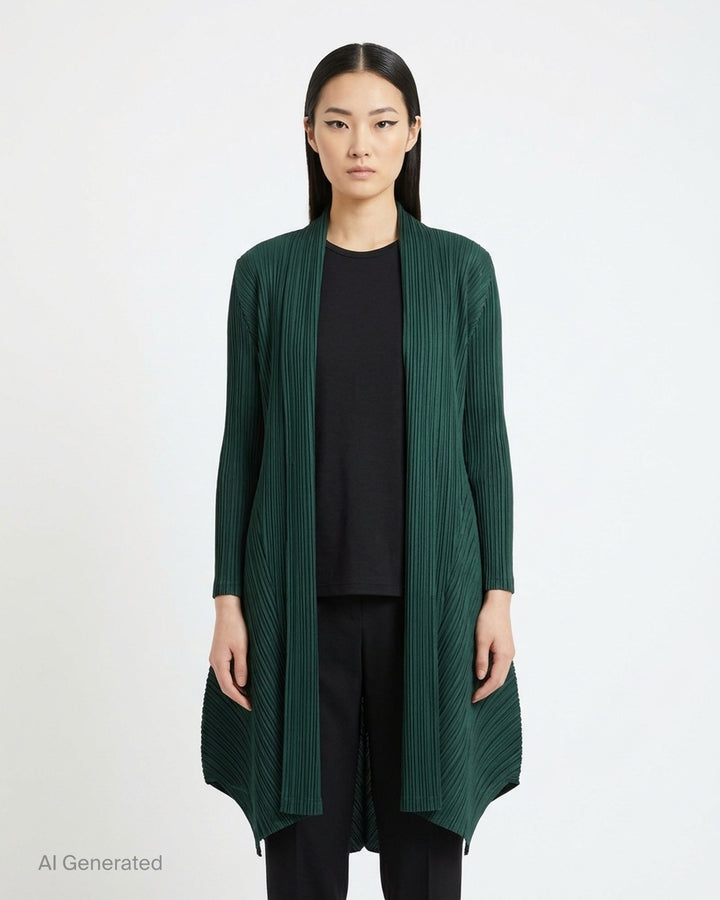 Pleats Please Issey Miyake Monthly Colors October long pleated coat in deep forest green, shown from the front with an open, flowing silhouette - front