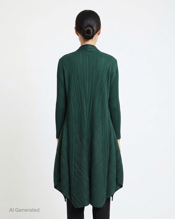 Pleats Please Issey Miyake Monthly Colors October long pleated coat in deep forest green, shown from the front with an open, flowing silhouette - back